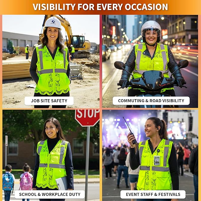 Lace-Mesh Safety Vest for Women & Men - Breathable, High Visibility Vest with Zipper & ANSI Class 2 Reflective Strips