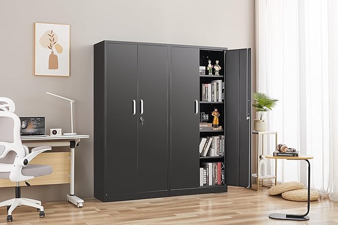 Garage Storage Cabinet with 2 Lockable Doors, Adjustable Shelves Metal Storage Cabinet, Kitchen Pantry Storage Cabinet, Heavy-Duty Steel Cabinet for Home, 71'H, Black