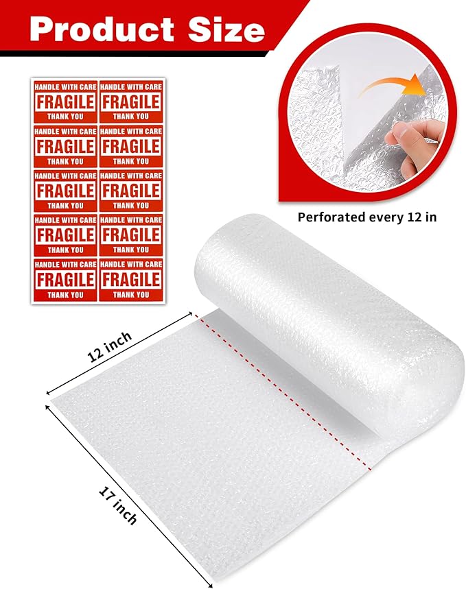 2-Pack Bubble Cushioning Wrap Rolls, 3/16" x 17" x 72' ft Total, Perforated 12" 20 Fragile Stickers for Shipping, Packaging, Mailing