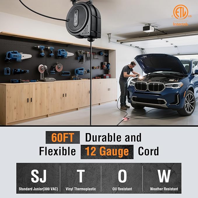 SURAIELEC 12 Gauge Extension Cord Reel, 60 FT Retractable Extension Cord, 12 AWG/3C SJTOW Heavy Duty Power Cord, 13 AMP Circuit Breaker, Lighted Triple Tap, Ceiling or Wall Mount, ETL Listed, Black