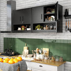 Garage Wall Cabinet with Doors and Shelves, Wall Mounted Metal Storage Cabinet with Open Storage, Lockable Hanging Tool Cabinet for Garage Utility Room, Black