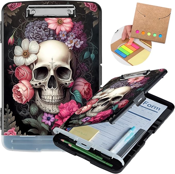 Clipboard with Storage,Heavy Duty Plastic Storage Clipboard with Low Profile Clip,Teacher Must Haves,Office Supplies,Rose Flower Skull