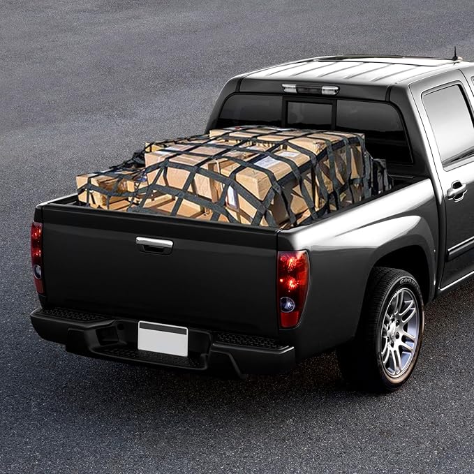 Flat Bungee Cargo Net for Pickup Truck Bed, Highly Elastic 4' x 4' Stretches to 9.5' x 9.5', 25mm mesh Width, 12 Carabiner Hooks, 4 Strong Metal Grommet, Compatible with Toyota, Ford, Chevy, Dodge RAM