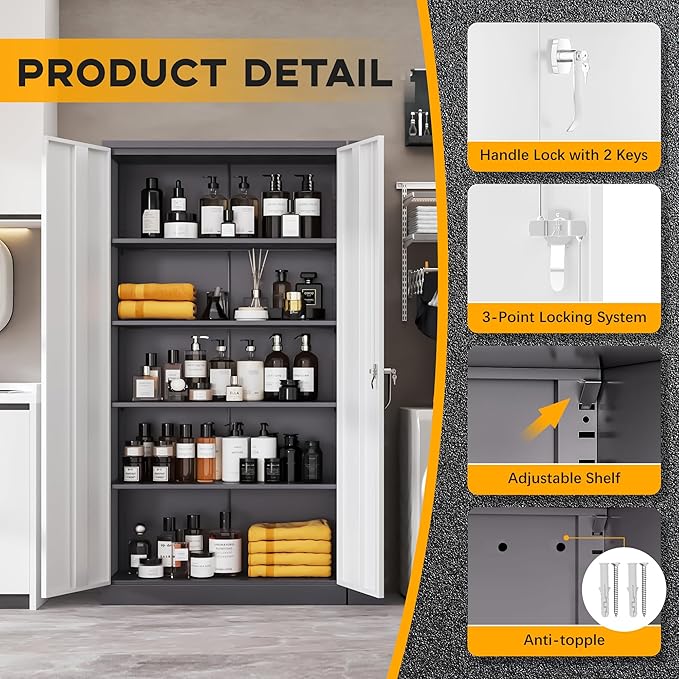 Greenvelly Metal Garage Storage Cabinet with 2 Doors and 4 Adjustable Shelves, 72”H Steel Lockable Storage Cabinet,Tall Metal Cabinet Locking File Cabinet for Office,Home, Garage, Gym, School