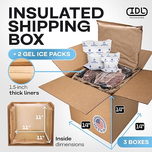 Insulated Thermal Shipping Boxes 14"x14"x14" with 2 Gel Ice Packs, Pack of 3 - USA-Made Cold Food Shipping Box with Absorb Condensation Thermal-Paper Liner - Frozen Food Shipping Kit by IDL Packaging