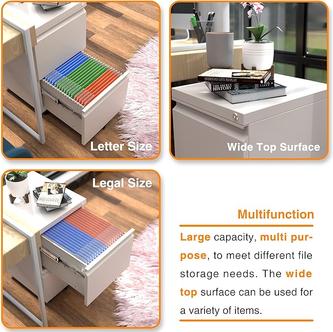 Aobabo 2 Drawer File Cabinet, Metal Filing Cabinet with Lock for Office Legal/Letter Size, White, Fully Assembled Except Wheels