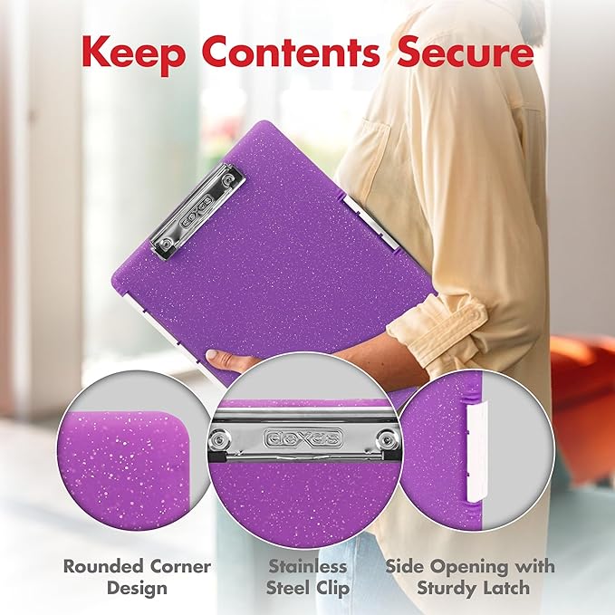 Dexas Slimcase 2 Plastic Clipboard with Storage & Side Opening, Purple Glitter,Office Supplies Clipboards to Organize,Carry & Store, A4 Holder,Style and Functionality Nursing Clipboard(Pack of 6)