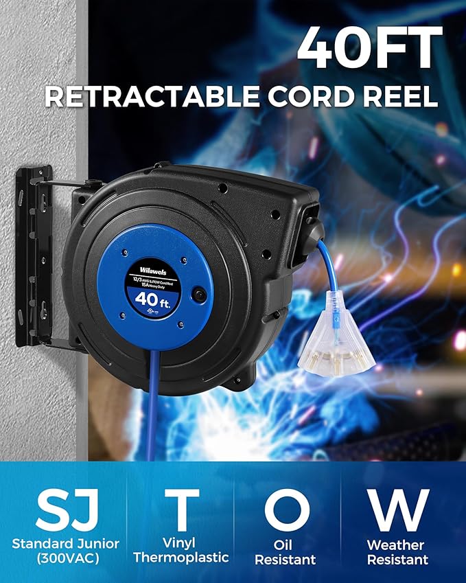 Retractable Extension Cord Reel, 40 FT Heavy Duty Power Cord, 12AWG/3C SJTOW, 3 Grounded Outlets Lighted Triple Tap, 15 Amp Circuit Breaker, UL Listed, Blue U40CR06