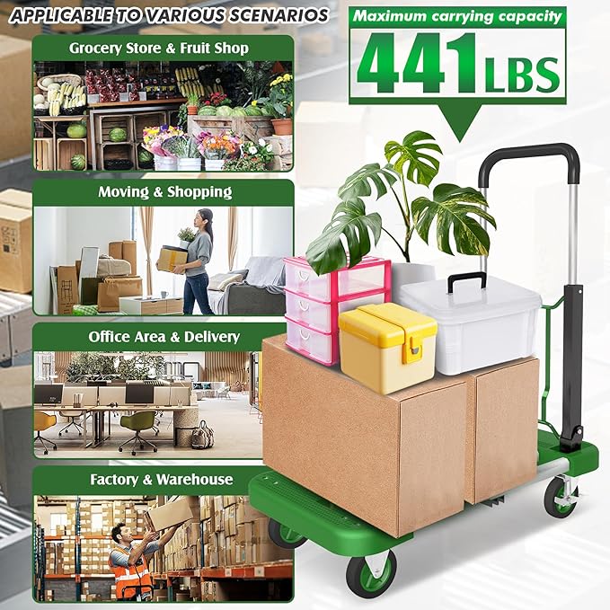 WarmyouHaul Pro Folding Hand Truck, 441LBS Capacity, Adjustable Platform (24-30") & Handle (28-35") 4" Rubber Wheels with 360° Swivel & Parking Brake, for Moving, Commercial, Apartment , Warehouse Use