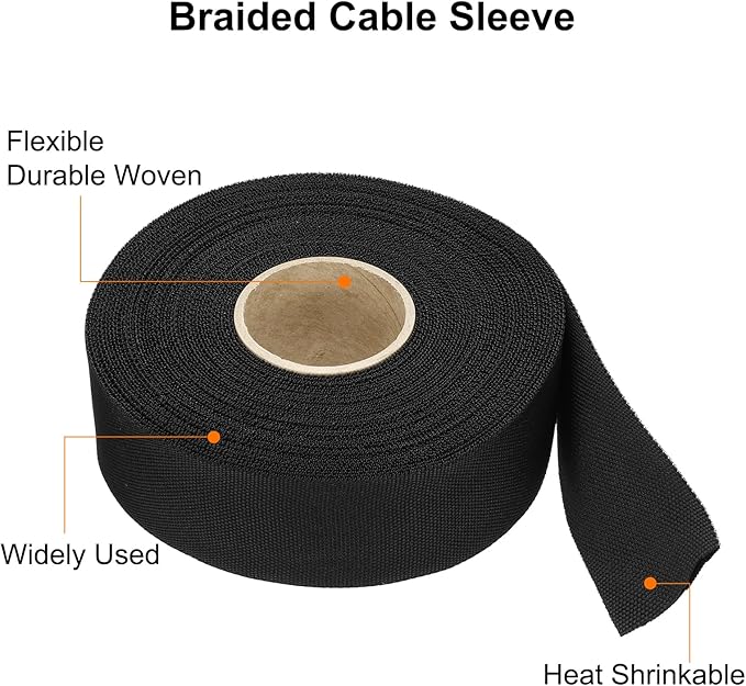 MECCANIXITY Braided Cable Sleeves Heat Shrinkable Fabric Sleeving, 1 3/8" 60ft Black 2:1 Ratio Heat Shrinkable Cord Protector for Harness Cable, Network Cable Protection, Cable Management