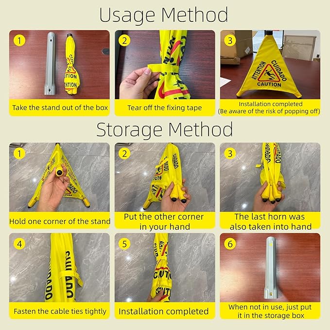 Wet Floor Signs - 2PCS Pop UP Bilingual Yellow Cones Wet Floor Sign with Wall Mounted Storage Tube Foldable, Slip Carefully Safety Cone Signs For Commercial & Office