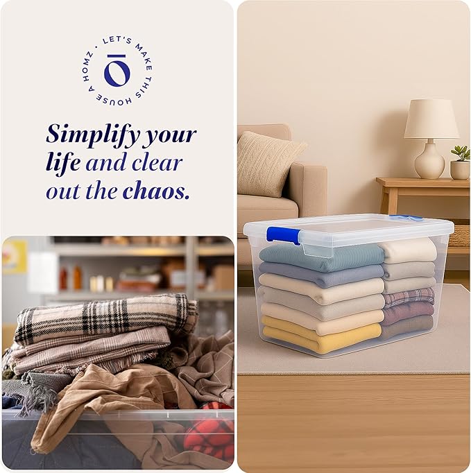 HOMZ 8-Pack Secure Latch, Clear Plastic Storage Organizer Bins, 31 Quart, Blue Latches - Stackable Container Boxes for Bedroom, Bathroom, Garage, and Office Organization