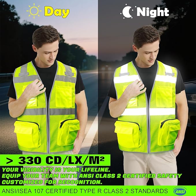 BeautyWill Custom Logo Safety Vest Mesh High Visibility Reflective Vest Customized Logo Utility Zipped Pockets Construction Workwear （Yellow,XL）