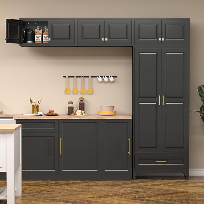 Kitchen Cabinet, 90" Tall Metal Storage Cabinet, Food Pantry cabinets with One Drawer, Black Pantry Cabinet for Dining, Living Room, 16" D x 32" W x 90" H, Assembly Required