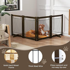 Wire Dog Gate Solid Wood Frame, Anti-Chewing, 4-Panel, 24" Height, 80" Width, Indoor Freestanding Pet Gate Foldable Wooden Dog Fences for Stairs, House, Doorway, Walnut Color