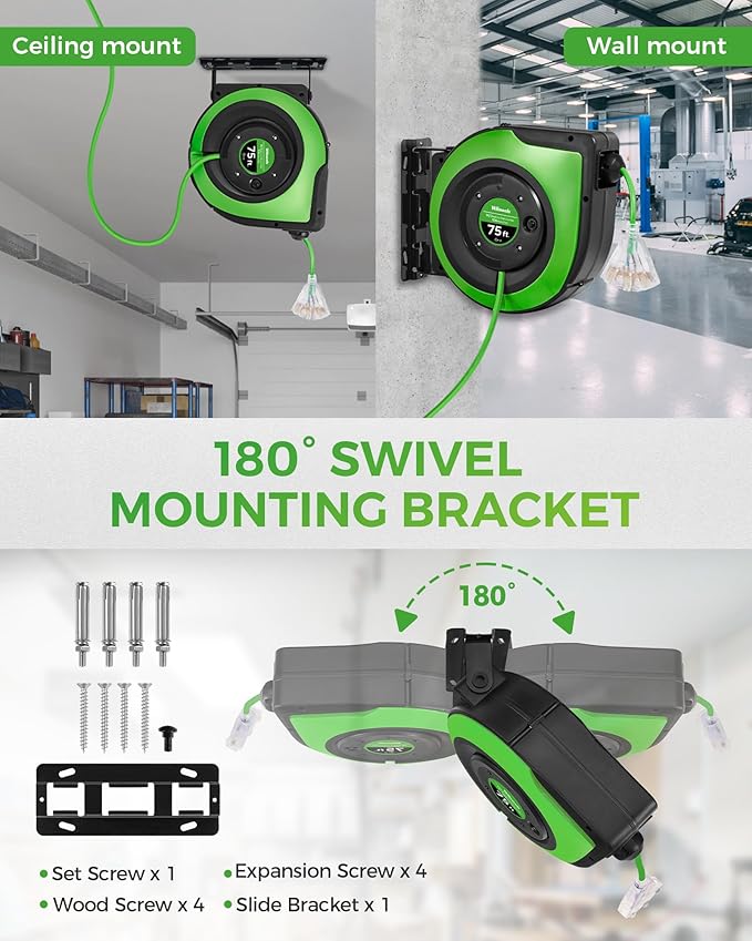 Retractable Cord Reel, 75 FT Heavy Duty Extension Cord, 14AWG/3C SJTOW, 3 Grounded Outlets Lighted Triple Tap, 10A Circuit Breaker, Wall/Ceiling Mounted, UL Listed, Green J75CR06