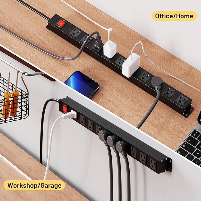 KF 10 Outlet Heavy Duty Power Strip, 2100J Surge Protector with 6FT Extension Cord, 15A/1875W Wall Mount Power Strip Design,Safety Switch,Overload Protection for Home Office Workshop - Black