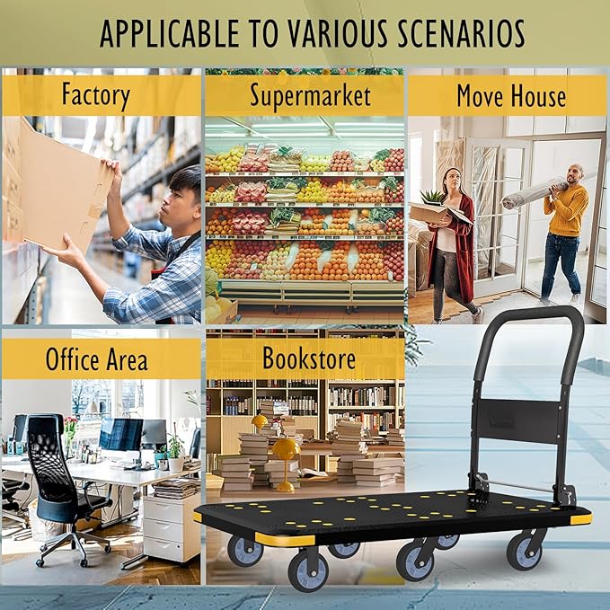 Heavy-Duty Foldable Platform Cart with 6 Wheels & 2000LB Capacity - 360° Swivel & Fixed Casters, Collapsible Push Cart Dolly Black Plastic Trolley, 5" Wheels, Spare Tire & Anti-Collision Corners