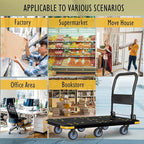 Heavy-Duty Foldable Platform Cart with 6 Wheels & 2000LB Capacity - 360° Swivel & Fixed Casters, Collapsible Push Cart Dolly Black Plastic Trolley, 5" Wheels, Spare Tire & Anti-Collision Corners