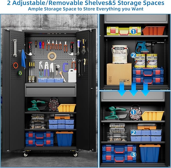 Aobabo 71" H Metal Storage Cabinet with Wheels with 5 Pegboards and 1 Drawer,Lockable Steel Tool Cabinet for Garage,Warehouse,Assembly Required,Black