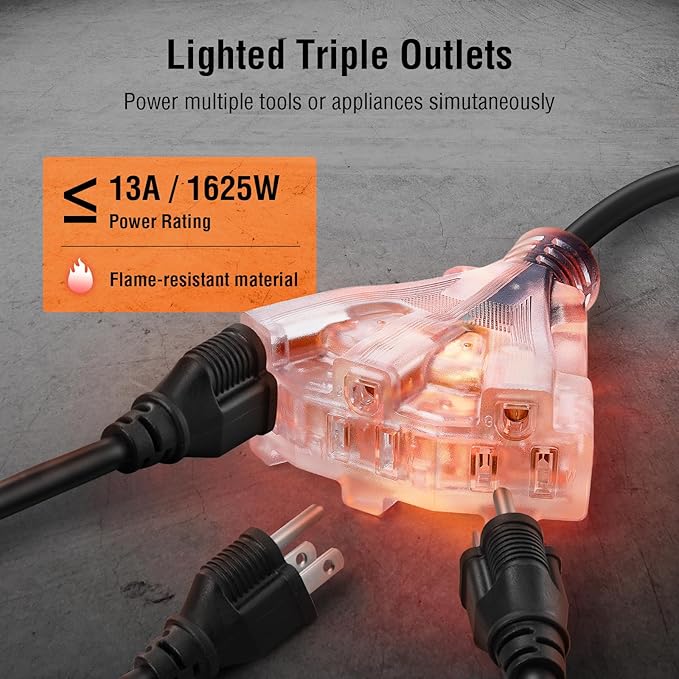 SURAIELEC 50FT Retractable Extension Cord Reel, 14AWG/3C SJTOW Heavy Duty Power Cord with Lighted Triple Tap, 13A Circuit Breaker, Ceiling/Wall Mount for Garage, Shop, Workshop, ETL Listed, Orange