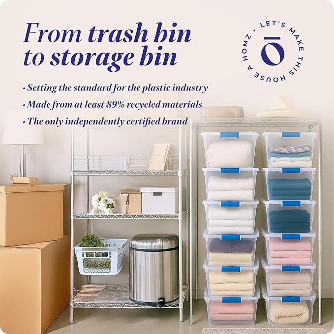 HOMZ 12-Pack Secure Latch, Clear Plastic Storage Organizer Bins, 31 Quart, Blue Latches - Stackable Container Boxes for Bedroom, Bathroom, Garage, and Office Organization
