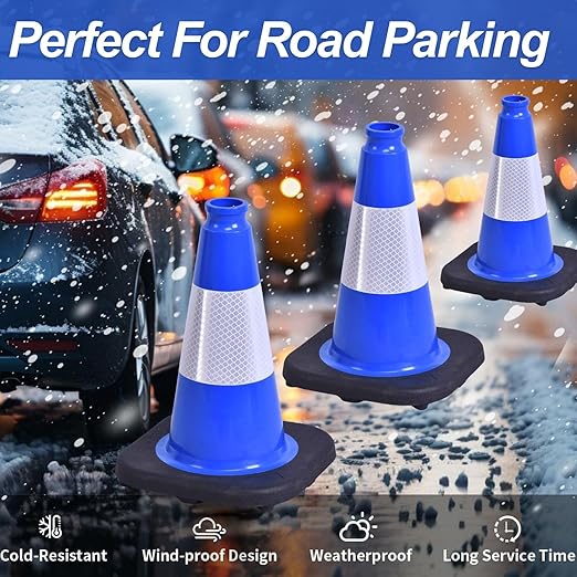 BESEA 4Pack 18 Inch Blue Traffic Cones with 6 Inch Reflective Collar, Heavy Duty PVC Safety Cones with 10.5 x 10.5 Inch Base for Parking, Driving Practice, Sports Training, and Construction