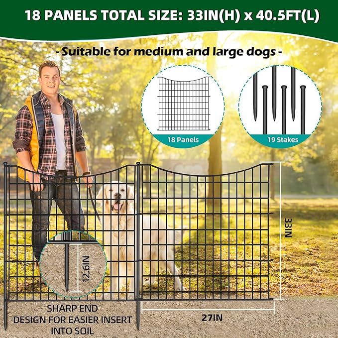 18 Panels No Dig Decorative Fence with Gate, 33 in(H) X 40.5 ft(L) Tall Garden Fence Animal Barrier, Rustproof Metal Wire Edging Border, Temporary Dog Fencing for Outdoor, Yard, Patio