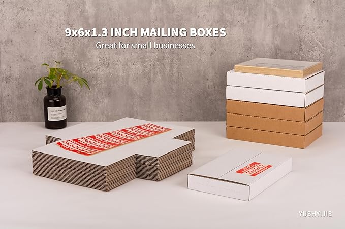 9x6x1.3 inch Small Shipping Boxes, Multi-Depth Flat Cardboard Boxes with Fragile Stickers for DVD Shipping, Packing, Moving, Storage, White, 25 Pack