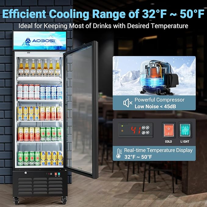 AAOBOSI Commercial Merchandiser Refrigerator,17.09Cu.Ft Glass Door Display Refrigerator,Upright Beverage Cooler Fridge with Soft LED Light, Customizable Lightbox,Universal Casters,Adjustable Shelves