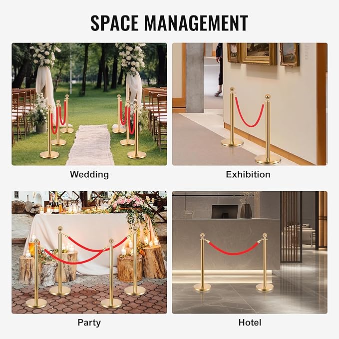 6PCS Stainless Steel Stanchions w/ 4 Red Velvet 5ft Carpet Ropes - Hollow Base for Red Carpet Queue - Crowd Control Barriers Ideal for Party, Wedding, Hotels, Exhibitions - Gold