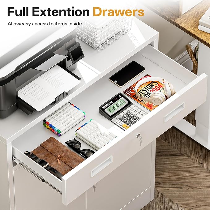 Metal Storage Cabinets with Drawer, 36" H Lockable Storage Cabinet with Doors and Adjustable Shelves, Small White Steel File Cabinet for Home, Office, Warehouse, School, Assembly Required