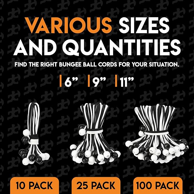 Xpose Safety Bungee Ball Cords 6" 10 Pack Heavy Duty Assorted Colors Black and White Stretch Rope with Ball Ties for Canopies, Tarps, Walls, Cable Organization