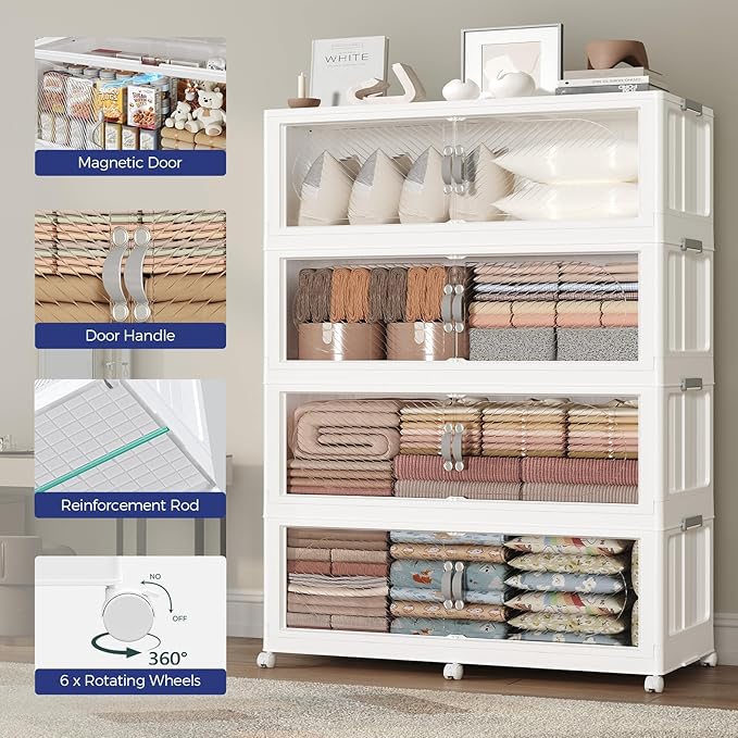 180GAL Plastic Storage Bins with Lid, 720QT Extra Large Stackable Closet Organizers and Storage, Collapsible Storage Boxes with Wheels, Folding Cabinet for Home Kitchen Office, 3Pack White