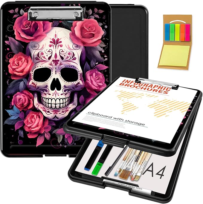Clipboard with Storage,Office Supplies Nursing Clipboards Folder with Pen Holder Plastic Foldable Clip Board with Storage for Nurse Teacher,Flowers Skull