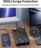 Surge Protector Power Strip-14 Outlets and 6 USB Ports, 6 Feet Flat Plug Extension Cord, 1850 Joules, Black, ETL Listed for Home, Office, Dorm Room
