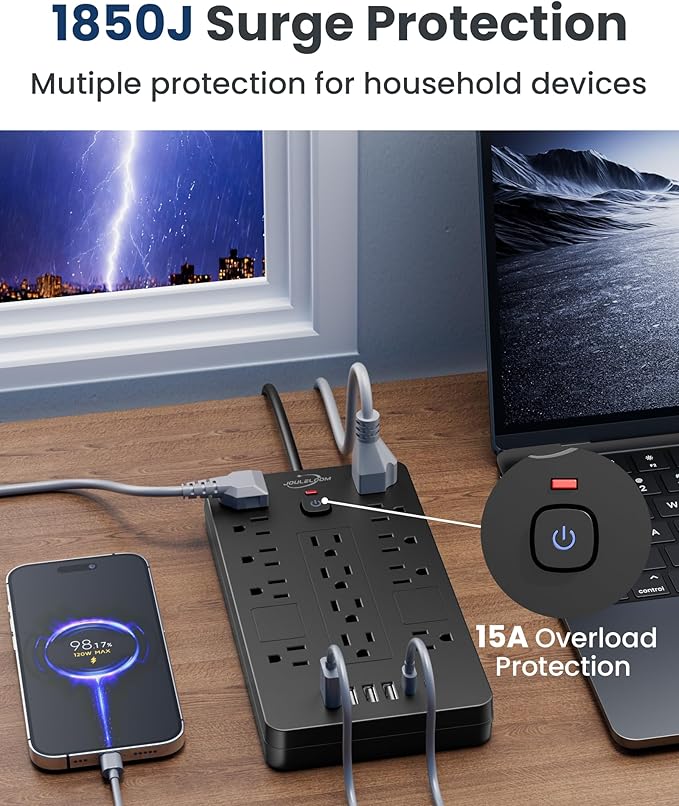 Surge Protector Power Strip-14 Outlets and 6 USB Ports, 6 Feet Flat Plug Extension Cord, 1850 Joules, Black, ETL Listed for Home, Office, Dorm Room