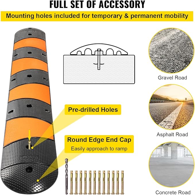 VEVOR Rubber Speed Bump, 1 Pack 2 Channel Speed Bump Hump, 72" Long Modular Speed Bump Rated 22000 LBS Loading, 72.8 x 12.2 x 2.2 Garage Speed Bump for Asphalt Concrete Gravel Driveway with 2 End Cap