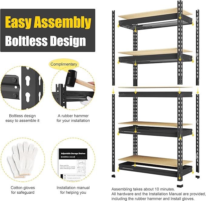 PrimeZone Storage Shelves 5 Tier Adjustable Garage Storage Shelving, Heavy Duty Metal Storage Utility Rack Shelf Unit for Warehouse Pantry Closet Kitchen, 28" x 12" x 59", Black, 6 Packs
