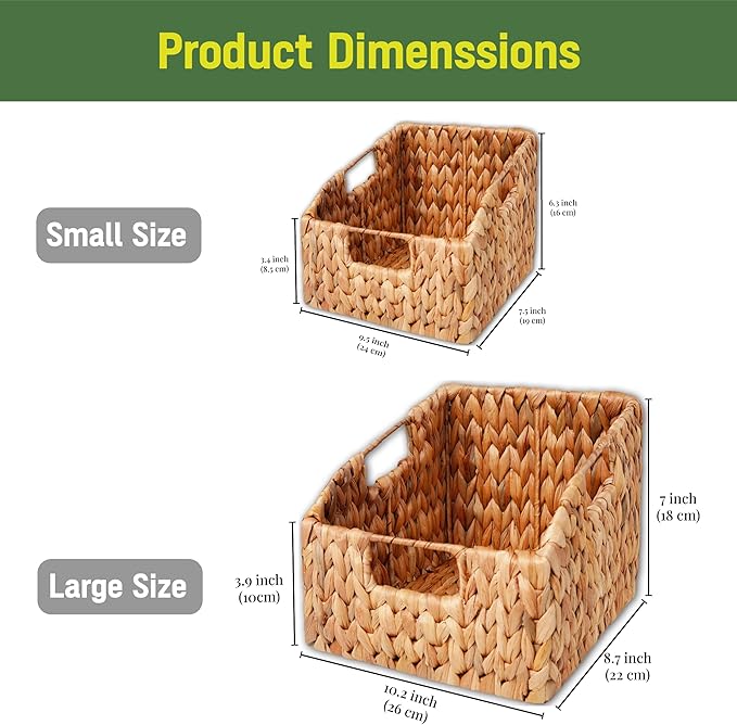 Wicker Pantry Basket Set of 2 – Handwoven Water Hyacinth Wicker Storage Baskets with Handles – Decorative Woven Baskets for Kitchen, Shelves & Organizing