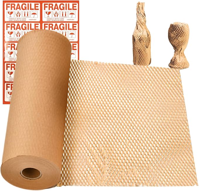 Dish Packing Kit Glassware Moving Supplies for Friagle Items 15"x500' Honeycomb Packing Paper Roll Recyclable Moving Paper with Fragile Stickers Alternative to Bubble Cushioning Wrap for Shipping