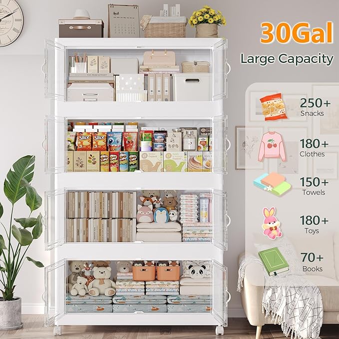 120Gal Stackable Storage Bins with Lid and Wheels, 480QT Plastic Collapsible Storage Boxes with Doors, Closet Organizer and Storage Cabinet for Home Kitchen Office Dorm Room, 4Pack White