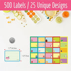 500 PCS Baby Food Labels, 25 Adorable Designs Removable Food Name Stickers Self-Adhesive Water/Oil/Tear Resistant Tags for Baby & Toddlers Food Containers, Water Bottles, School Supplies, Mason Jars
