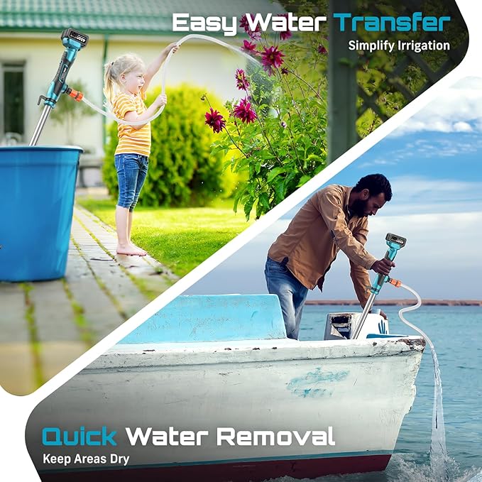 SEESII Cordless Stick Water Transfer Pump, with Dual 4000mAh Batteries & Charger, 720GPH, 32FT Head, Handheld Portable Utility Sump Pump Kit with 3/4" Outlet for Pool/Garden/Pond/RV/Boat Draining
