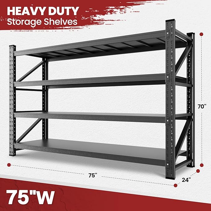 75" Wide Industrial Storage Shelves, 9000LBS Garage Shelving Heavy Duty, Standing Shelf Units, 4 Tier Metal Adjustable Storage Shelving Rack for Shop Warehouse Basement, 75'' W x 24''D x 70'' H