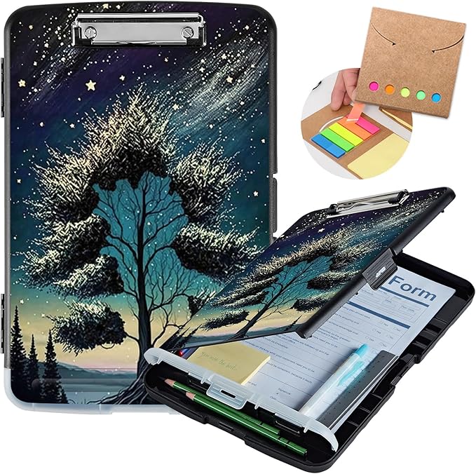 Clipboard with Storage,Heavy Duty Plastic Storage Clipboard with Low Profile Clip,Teacher Must Haves,Office Supplies,Sky Forest Tree