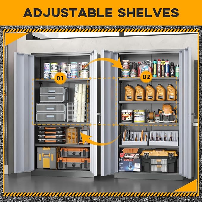 Greenvelly Metal Garage Storage Cabinet with 2 Doors and 4 Adjustable Shelves, 72”H Steel Lockable Storage Cabinet,Tall Metal Cabinet Locking File Cabinet for Office,Home, Garage, Gym, School