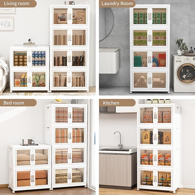 Large Clear Stackable Storage Bins with Lids, 942QT-157QT*6Tier Foldable Cabinet for Closet Organizers, Plastic Storage Box with Wheels White
