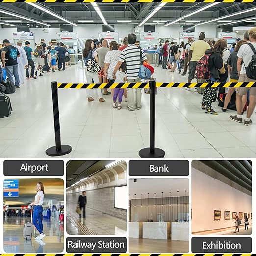 Therwen 6 Pack Heavy Duty Crowd Control Stanchions 9.8 ft Stainless Steel Stanchion Set with Safety Barrier Post Retractable Belt and Sign Holder Crowd Control Barrier (Stripe Belt,Black)
