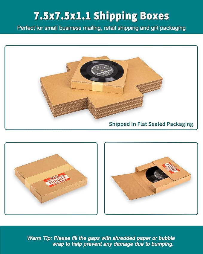 7" 45 RPM Vinyl Record Mailers 7.5"L x 7.5"W x 1.1"H Kraft Corrugated Album Mailing Boxes for Small Business Packaging Shipping Moving Storage, with Fragile Stickers, 25 Pack